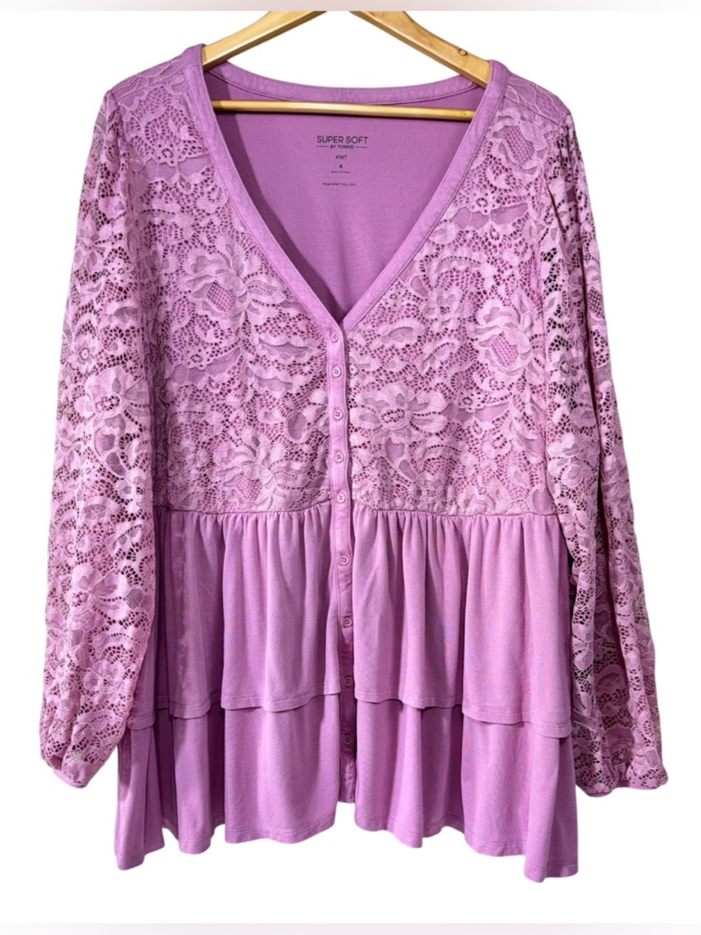 Torrid Super Soft Top Lace Long Sleeve Tiered Pink Button Babydoll | Women’s 4x